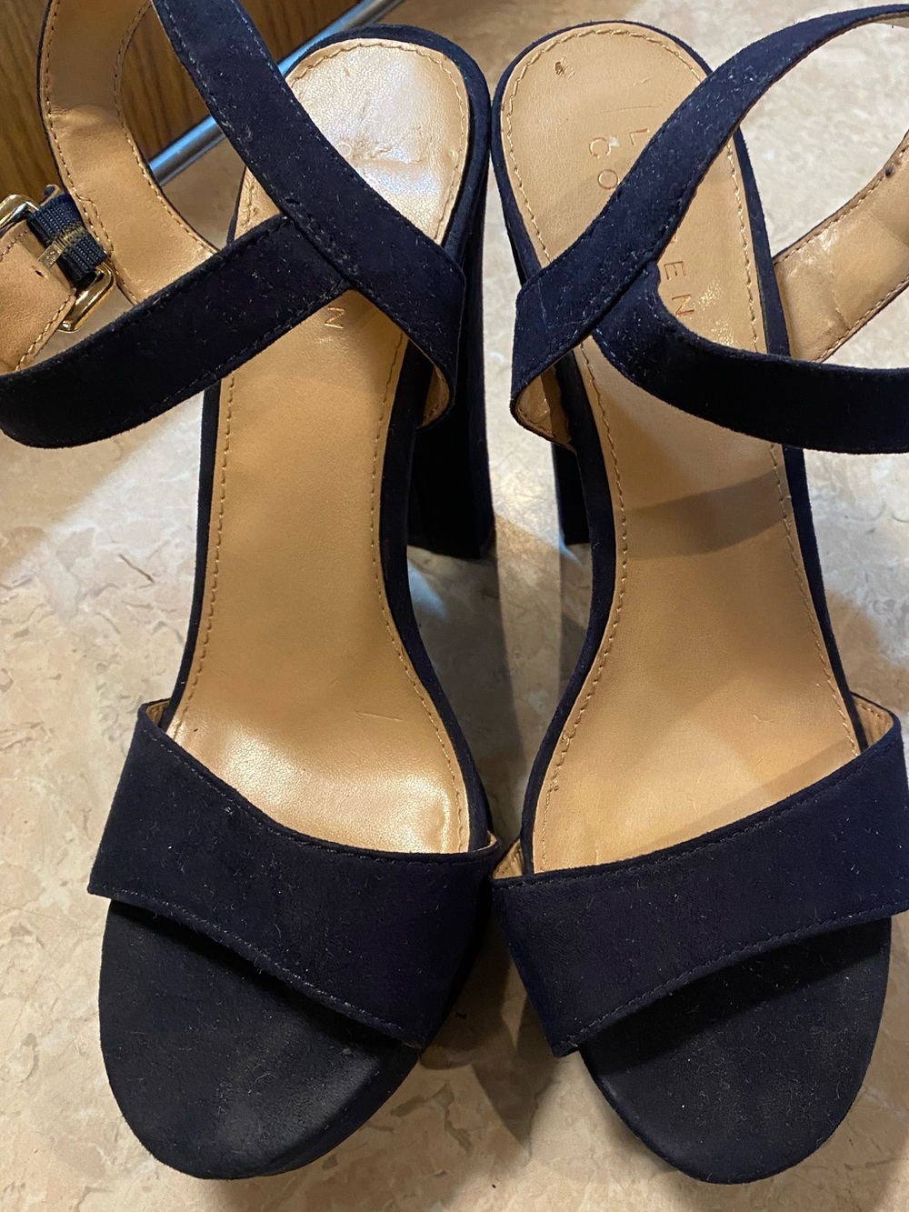 LC Lauren Conrad Dark Blue Suede Block Heel Sandals with Ankle Strap